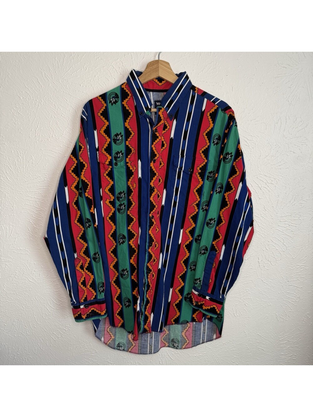 Vintage 80s 90s Wrangler Colorful Aztec Cowboy Cut Long Sleeve Western Shirt L